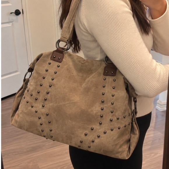 Handbags - Tan Distressed Canvas Studded Shoulder Bag Western Boho Tote Khakir